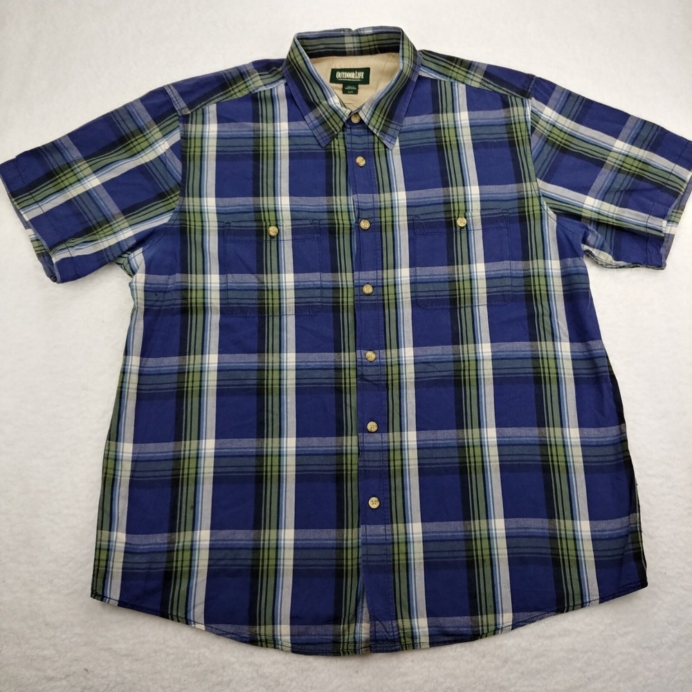 Outdoor Life Short Sleeve Men's Button Fishing  Blue & Green Plaid Shirt Size XL